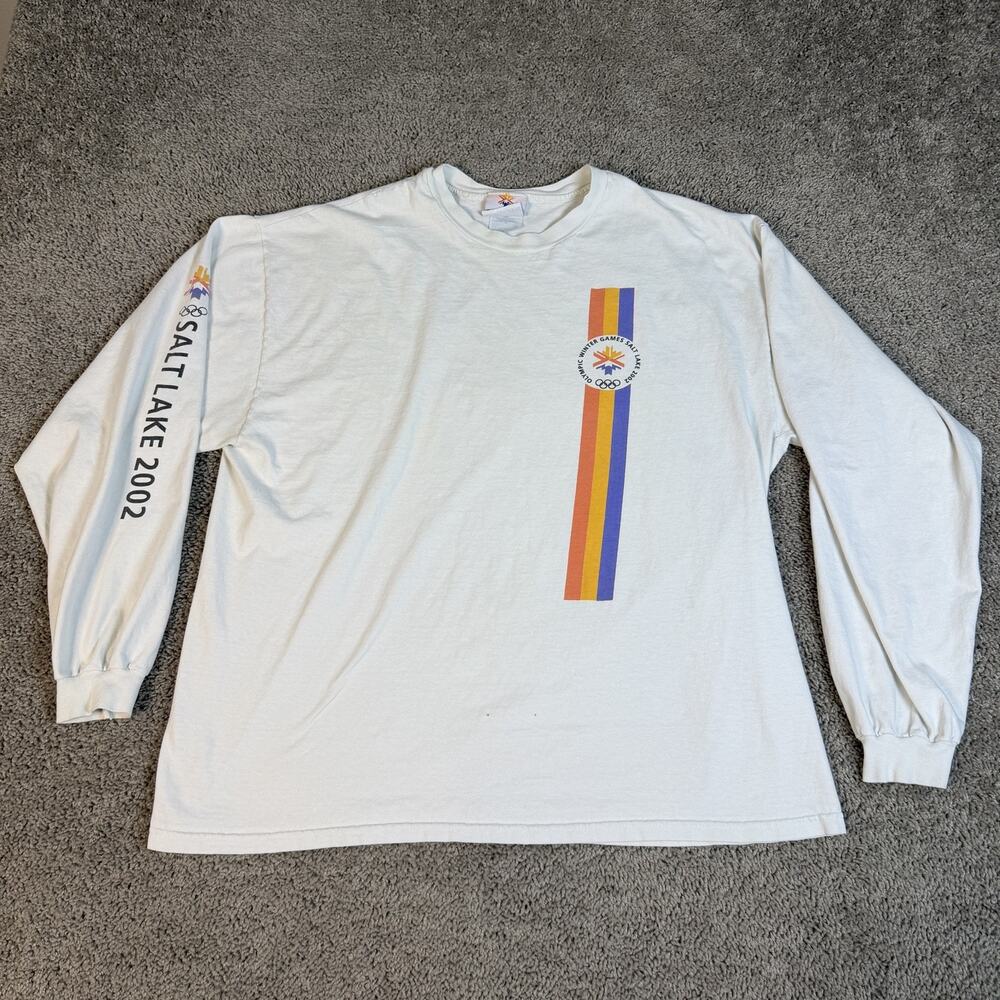 VTG Salt Lake Olympics 2002 Shirt Mens L White Winter Graphic Crew Neck Cotton